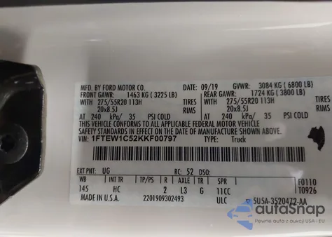 2019 Ford F-150 Lariat из США, поврежденный, VIN 1FTEW1C52KKF00797